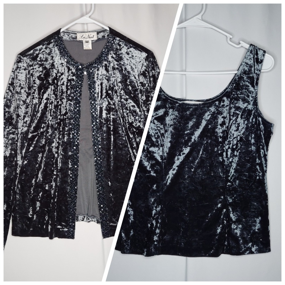 La Nuit Crushed Velvet Beaded Cardigan Top Set Women Medium Gray Glam Party